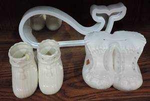 lot 32 image: baby lot. two glass baby booties made in Japan, baby booty bank, whale mirror