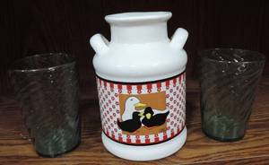 lot 33 image: ceramic milk can jug with ducks  and 2 I believe hand blowen glasses