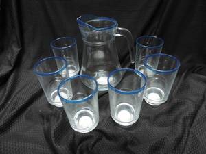 lot 57 image: clear with blue trim pitcher and 6 glass set