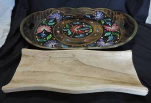 lot 94 image: Two wood centerpieces the one with flowers is approximately 2 ft long the plain wood one is approximately 18 inches long