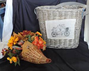 lot 95 image: Basket with handle Whicker Cornucopia Basket with artificial flowers