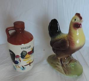 lot 108 image: Rooster figure and vinegar jug with rooster on it