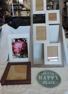 lot 109 image: Picture frames picture of a rose and small metal sign this is our happy place
