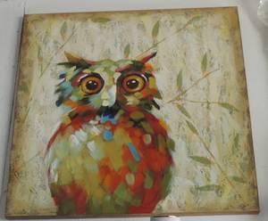 lot 111 image: Owl canvas about 39 in tall and 39 in wide