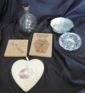 lot 124 image: Mixed lot 3 pictures  pottery ashtray Crystal ashtray glass bottle with cork top