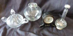 lot 163 image: Mix lot clock,glass vase, glass trinket holder with leaf pattern bottle with design see picture