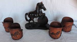 lot 177 image: Tooled Leather Drink Cozy Vintage Western Horse   hand carved horse