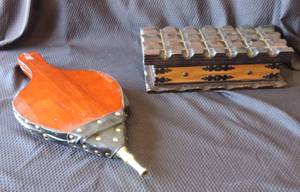 lot 190 image: Vintage FirePlace Bellows - Leather, Wood & Tin w Knight Shield crest decor decorative wood box decorative wood box