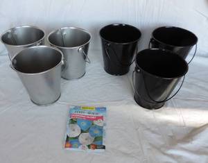 lot 204 image: Lot of six little metal buckets and a pack of morning Glory seeds