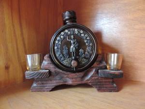 lot 223 image: VINTAGE  ORNATE Amber Glass Keg Decanter W Wooden Stand AND 4 SHOT GLASS