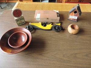 lot 253 image: Wood lot wooden decorative car two wood bowls wooden sign never stop exploring compass wood birdhouse wood trinket box