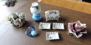 lot 259 image: Mix lot Avon perfume bottle lamp shape trinket box and three matching trays blue Glass diamond shape two metal flower candle holders