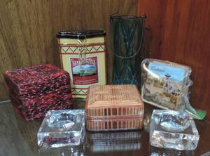 lot 327 image: To trinket boxes a set of tea light candle holders a set of coasters blue hanging vase metal tin