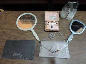 lot 364 image: Mixed lot  small hand bag shaver soap dispensers two mirrors and a tray