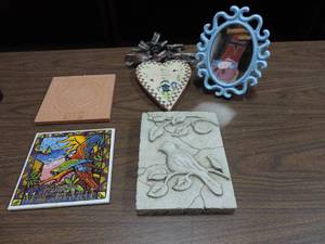 lot 374 image: Mixed lot cement bird picturetile with a parrotceramic heart picturewood heart bless this housesmall mirror