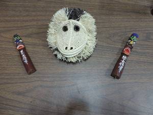 lot 395 image: 2 carved wood stick figures monkey hanging decor