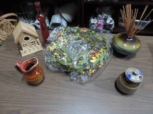 lot 507 image: Mixed a lot small picture that has Japan on the bottom wood birdhouse red vase reef small vase with sticks and a small jar with lid