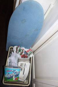 lot 57 image: Small ironing board, iron, FreshCare kit and rags