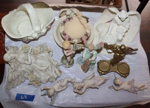 lot 63 image: Angel figurines and brass candle holder, see photos