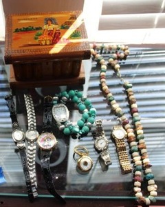 lot 82 image: Jewelry watches, Lions club clip, gemstone necklace and jewelry box, see photos