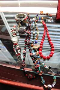 lot 83 image: Jewelry Glass and plastic bead necklaces, beaded and rhinestone watches