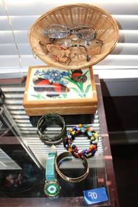 lot 90 image: Jewelry jewelry box, eyeglasses, bracelets, and Christmas watch