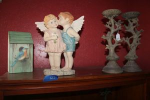 lot 123 image: Ceramic candle holders, kissing cherub figurine and bird house box