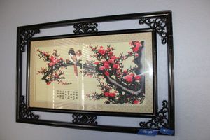 lot 43 image: Wall art Framed Asian tapestry Approx. 33x22- embroidered, see photos