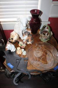 lot 143 image: Cat figurines, cat plate, metal cat silhouettes, dog statue, purple glass vase and ceramic basket