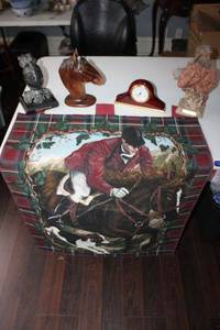 lot 166 image: Horse tapestry, Mountain Man signed figurine, desk clock, Medieval worried knight ink well, and horse head card holder