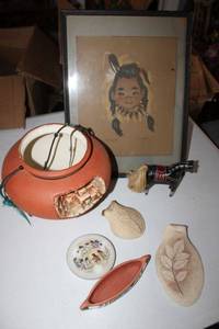 lot 167 image: Native American lot signed pottery, wood carved horse, and print