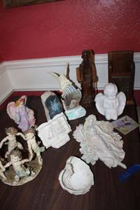 lot 162 image: Angel figurines, olive wood figurine, letter holder with P.O. Box panel