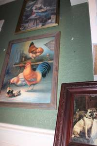 lot 184 image: Wall art framed dog print, chicken print, and girl feeding the birds print