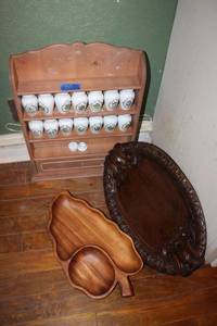 lot 185 image: Wood platters and ceramic spice rack set