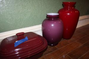 lot 186 image: Stoneware dutch oven and purple and red glass vases