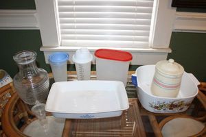 lot 192 image: Vintage CorningWare baking dishes, vintage cannister, juice server with lid and more