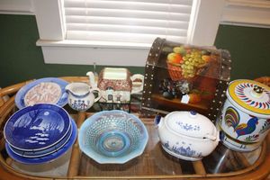 lot 193 image: Blue collector plates, vintage Blue hobnail bowl, small soup tureen and more