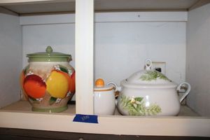 lot 200 image: Fruit design cookie jar, microwave egg cooker, and soup tureen