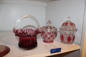 lot 208 image: Cranberry glass  basket and crystal dishes