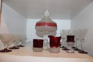 lot 209 image: Cranberry glass compote and crystal wine glasses, see photos