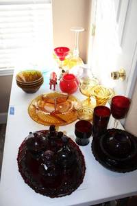 lot 234 image: Misc. colored glass items plus ceramic cows