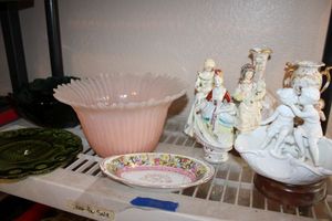 lot 246 image: Colored glass bowls, English style figurines