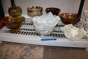 lot 247 image: Colored glass bowls and compotes, wall mount flower holders