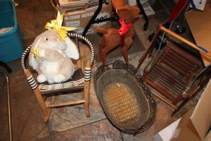 lot 254 image: Doll swing and chair, basket stand and wooden reindeer