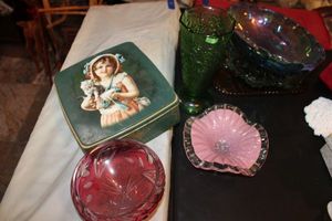 lot 294 image: Red lead crystal bowl, colored glass bowls and vintage tin