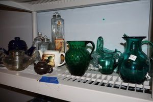 lot 352 image: Bluegreen glass basket and vases, teapots and jars