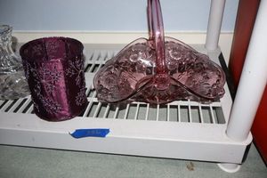 lot 356 image: Purple glass basket and purple fabric candle holders