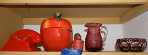 lot 378 image: Purple glass and lead crystal bowl, red ceramic apple jar and red ceramic telephone