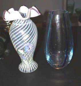 lot 362 image: FENTON vase and clear vase with blue vertical stripes
