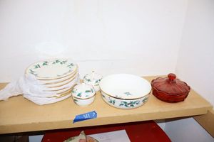 lot 311 image: Mikasa Christmas plates and red glass bowl